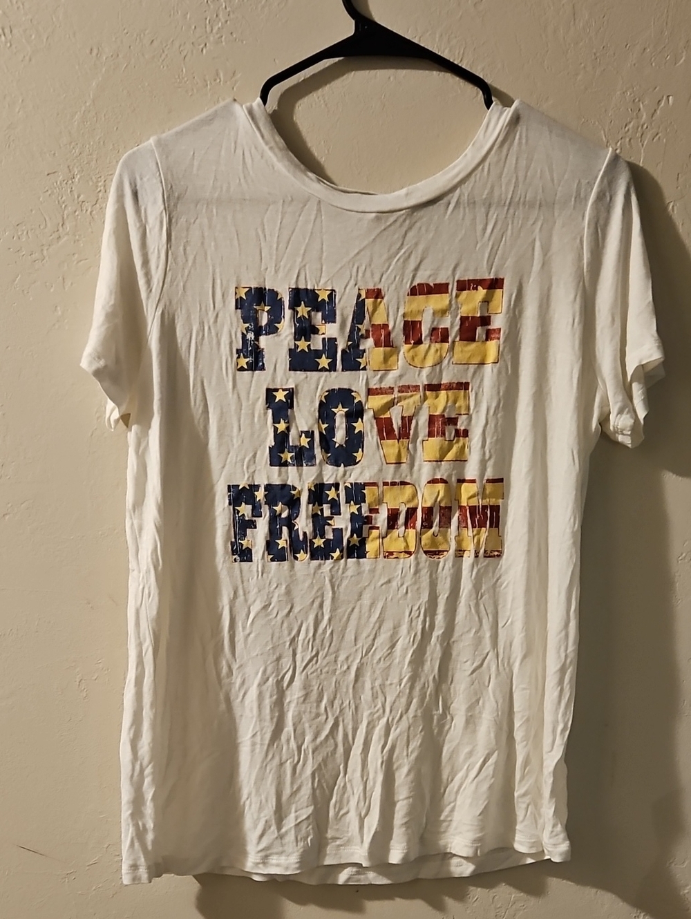 Hem & Thread White Graphic Tee with Red, Blue and Gold Lettering